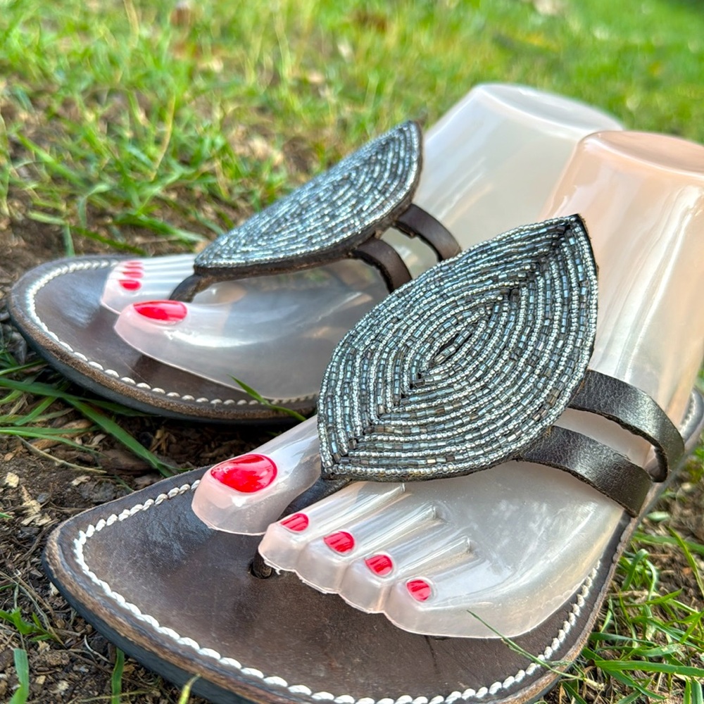 Global girls beaded Brown Leather Sandals with Beaded Design